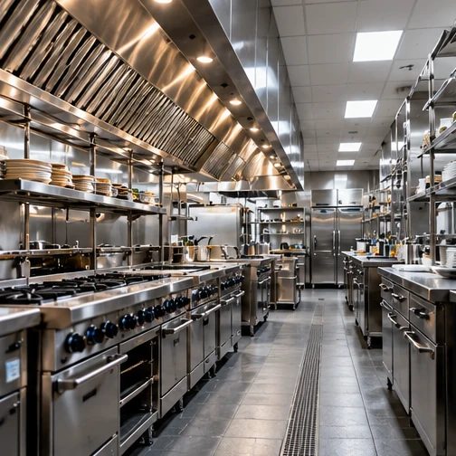 Long commercial kitchen with clean ranges, hoods and prep counters