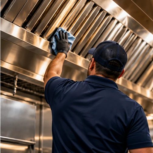 Illustration of a cleaning technician wiping stainless steel panels above a kitchen line