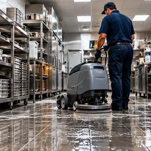 Illustration of a technician running an auto scrubber across a commercial kitchen floor