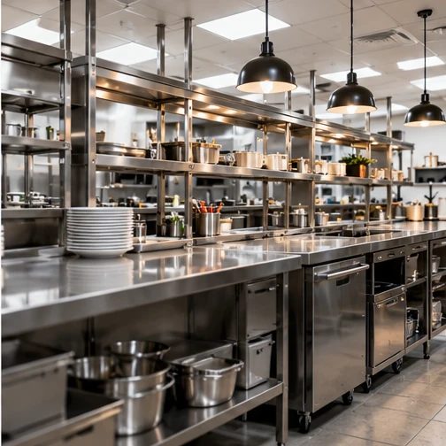 Clean stainless steel prep tables and shelving in a restaurant back of house