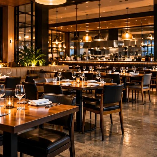 Restaurant dining room set for service with polished tables and floors